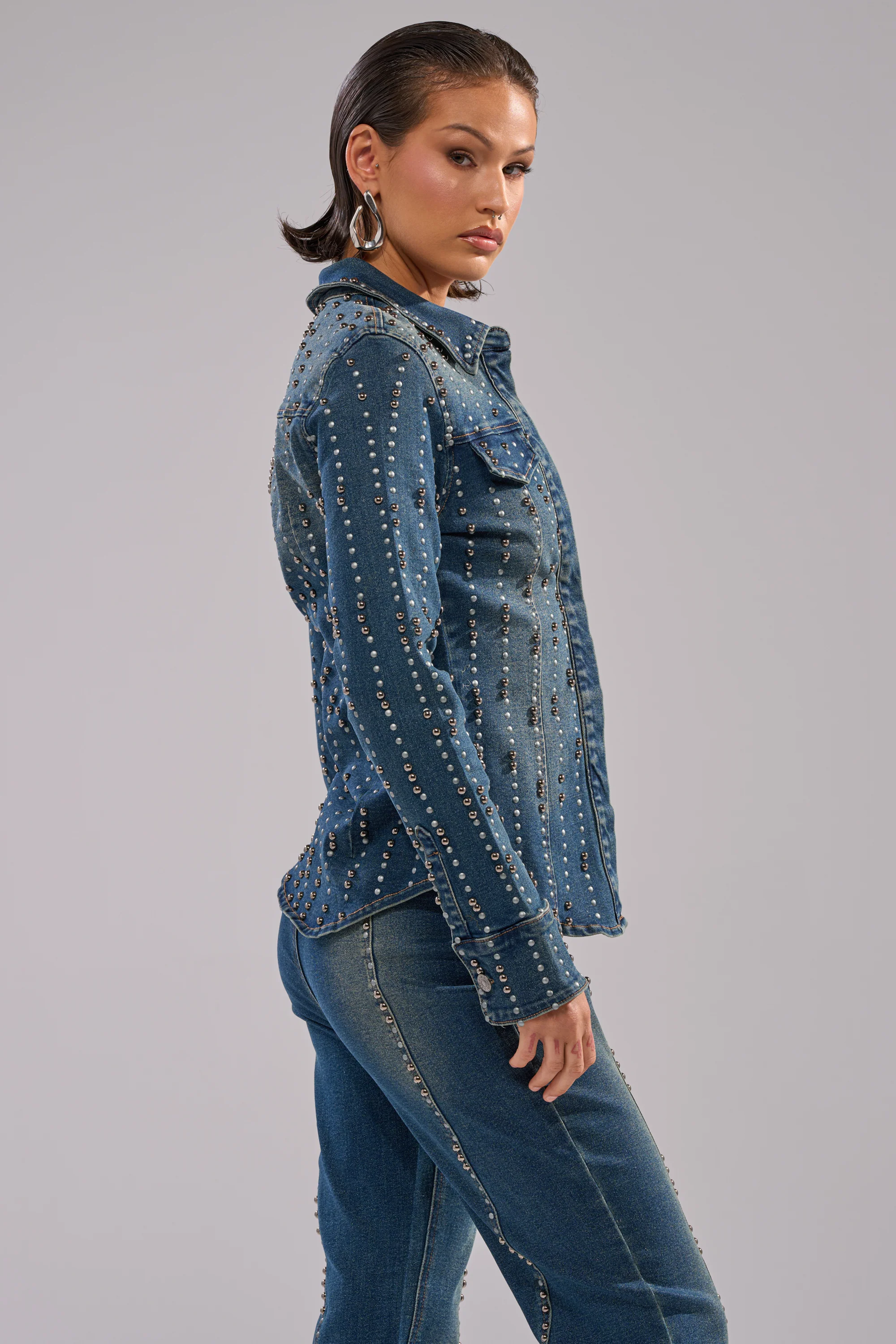 GLAMOUR STUDDED BUTTON DOWN DENIM TOP - Image 3