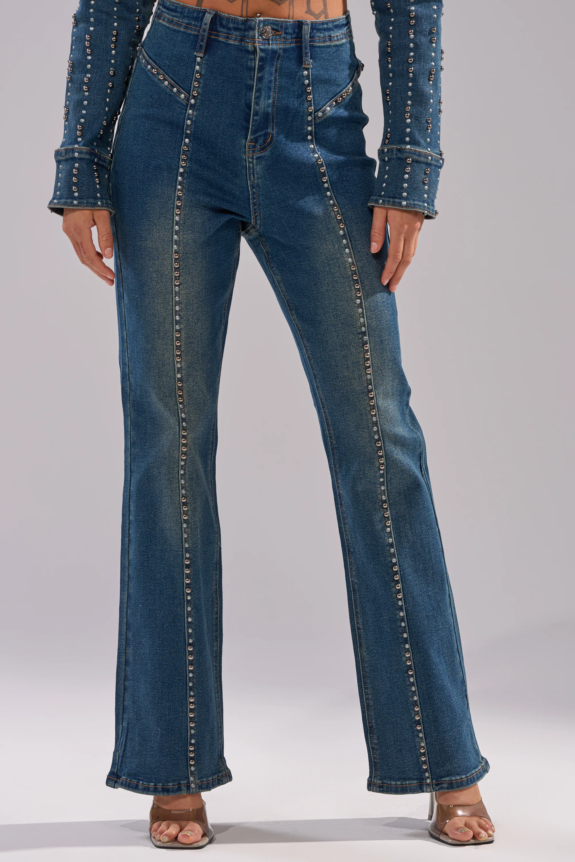 GLAMOUR STUDDED FLARE DENIM PANT - Image 2