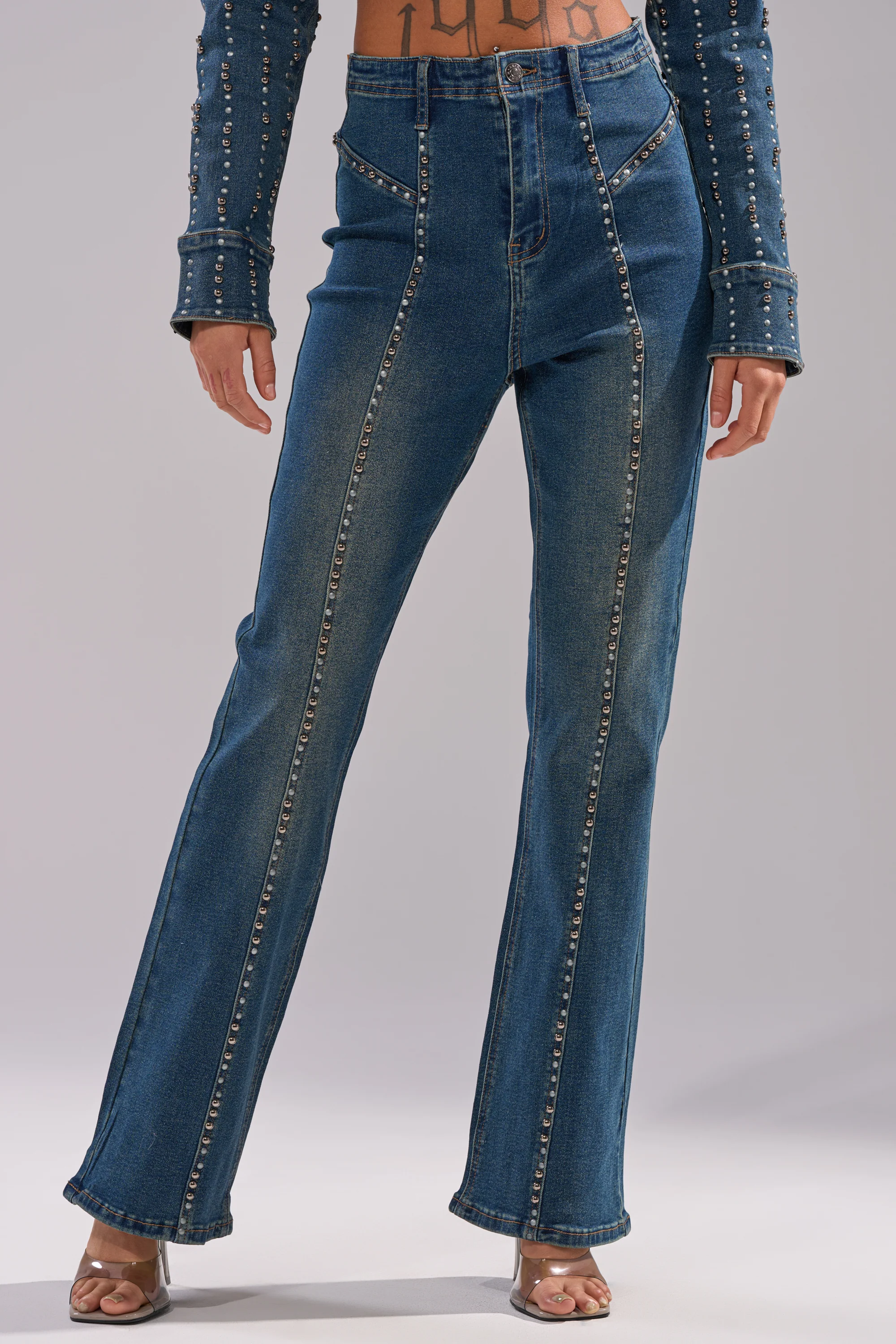 GLAMOUR STUDDED FLARE DENIM PANT - Image 3