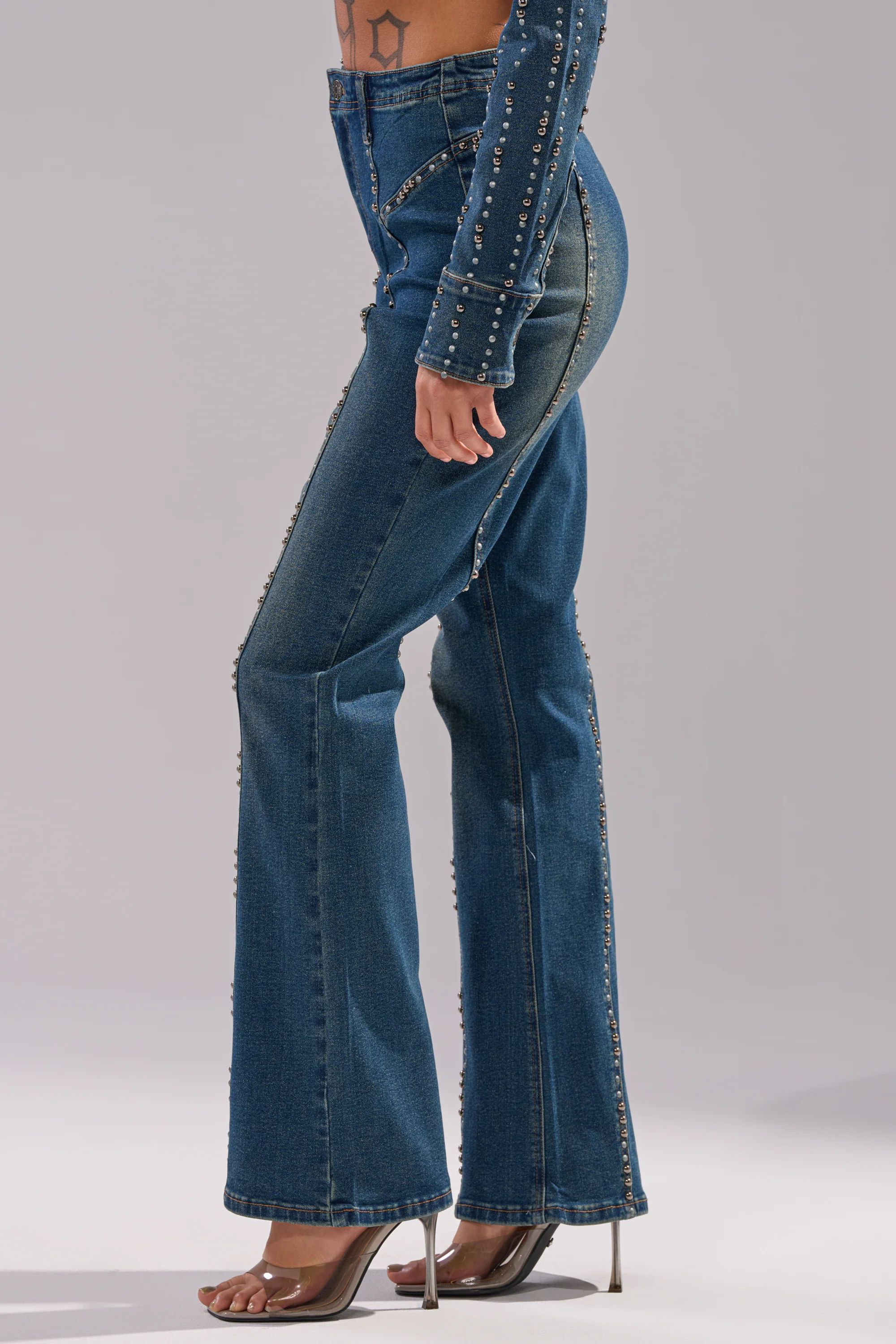 GLAMOUR STUDDED FLARE DENIM PANT - Image 4
