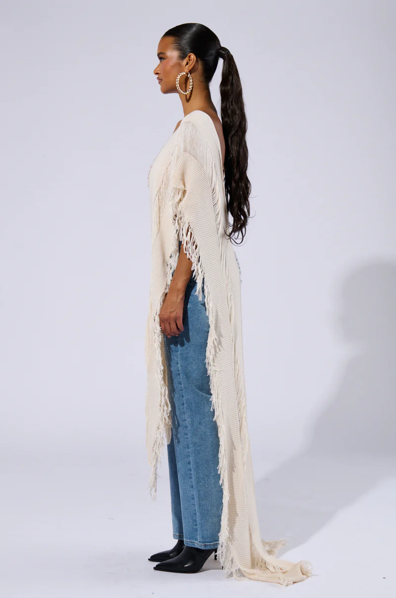 GOOD VIBES DISTRESSED PONCHO IN CREAM - Image 3
