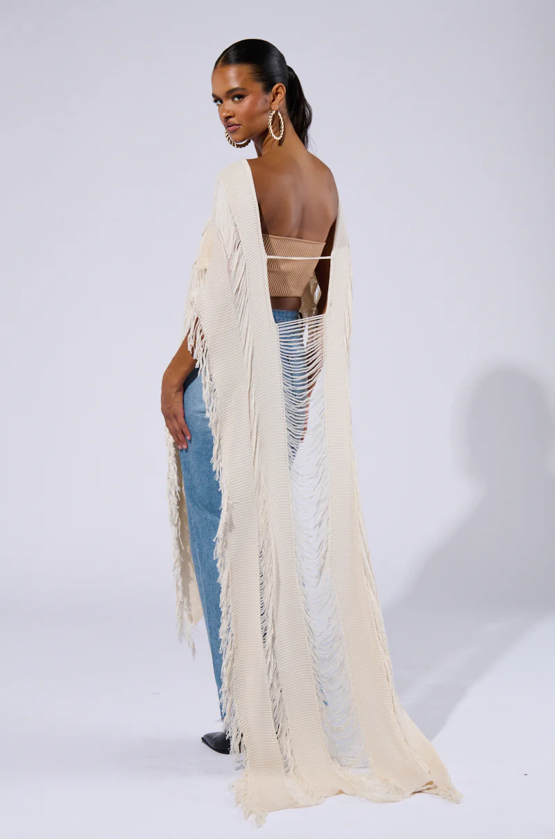 GOOD VIBES DISTRESSED PONCHO IN CREAM - Image 4