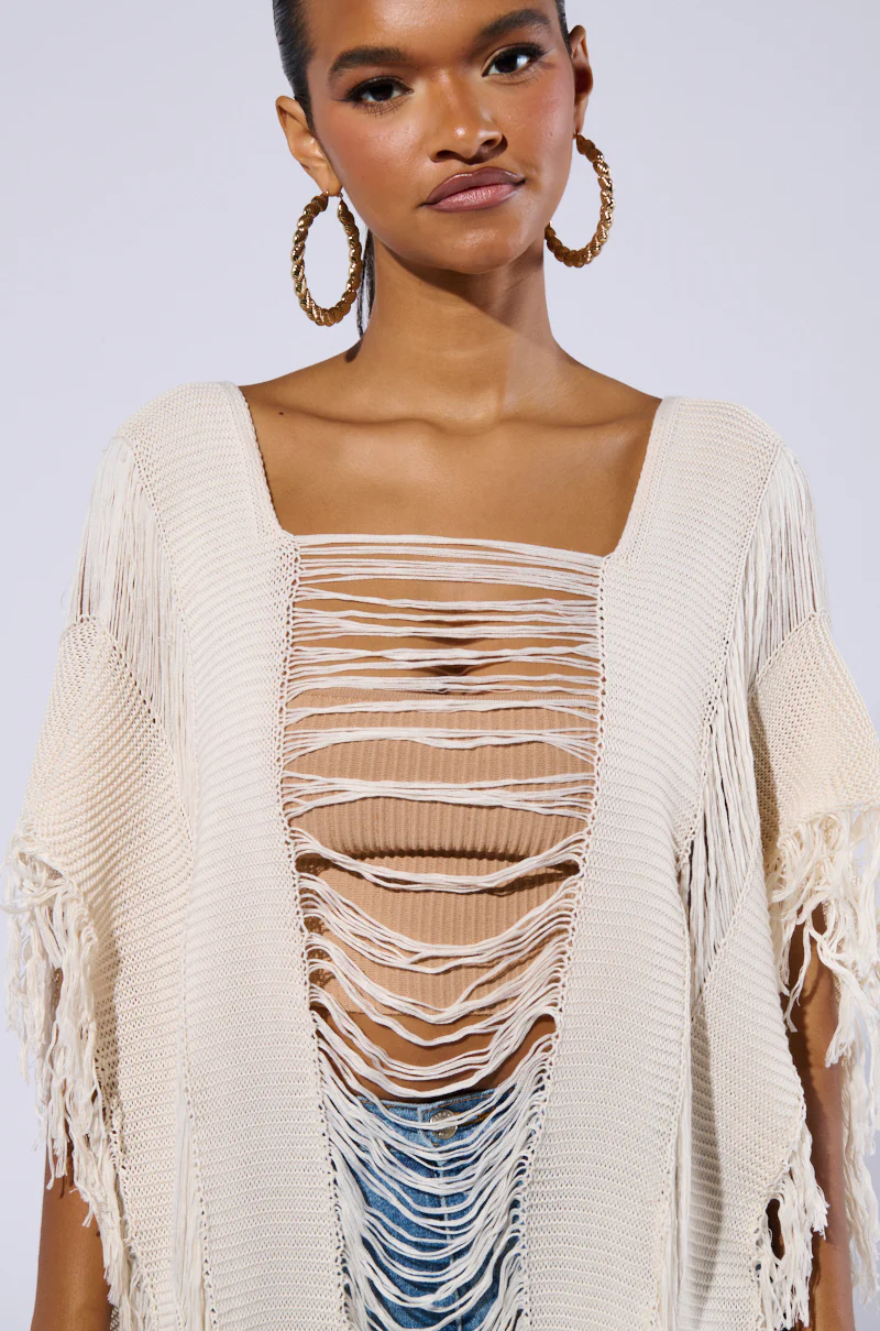 GOOD VIBES DISTRESSED PONCHO IN CREAM - Image 5