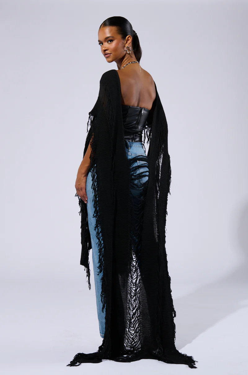 GOOD VIBES DISTRESSED PONCHO IN BLACK - Image 3