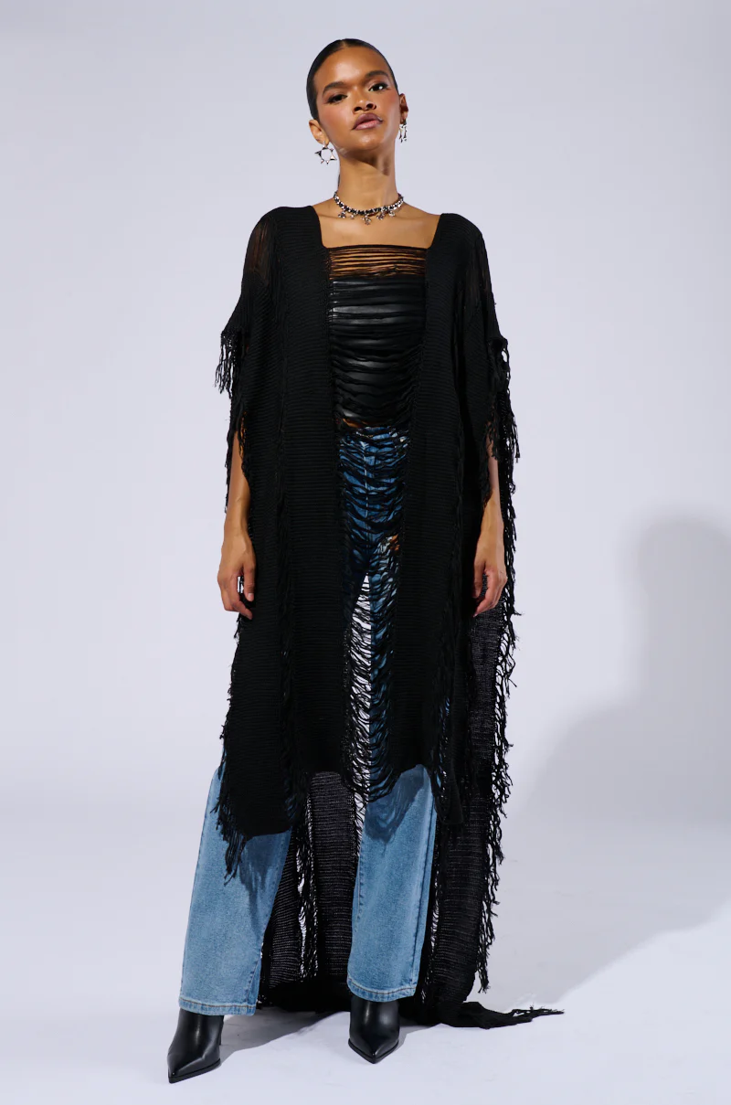 GOOD VIBES DISTRESSED PONCHO IN BLACK - Image 4