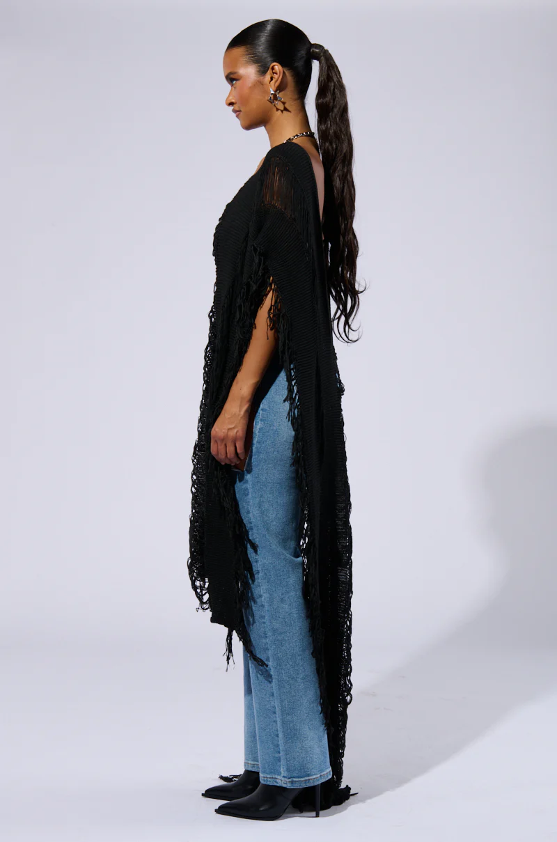GOOD VIBES DISTRESSED PONCHO IN BLACK - Image 5