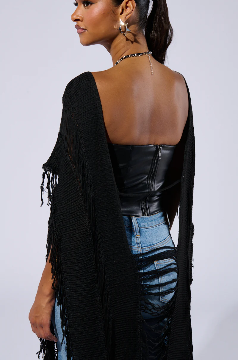 GOOD VIBES DISTRESSED PONCHO IN BLACK - Image 6
