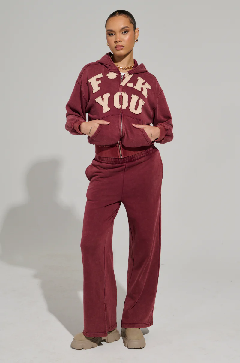 GRAPHIC LANGUAGE MINERAL WASH ZIP UP SWEATSHIRT IN BURGUNDY - Image 6
