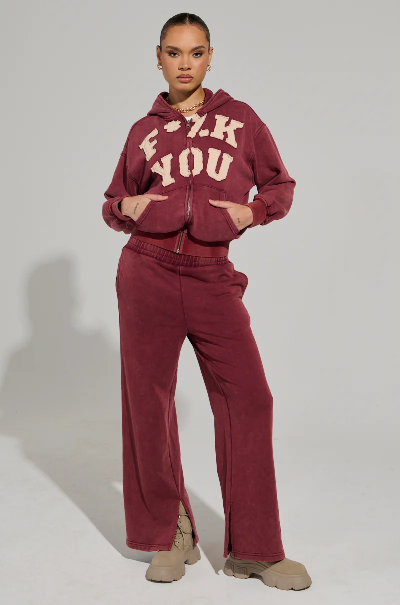 GRAPHIC LANGUAGE MINERAL WASH ZIP UP SWEATSHIRT IN BURGUNDY - Image 7