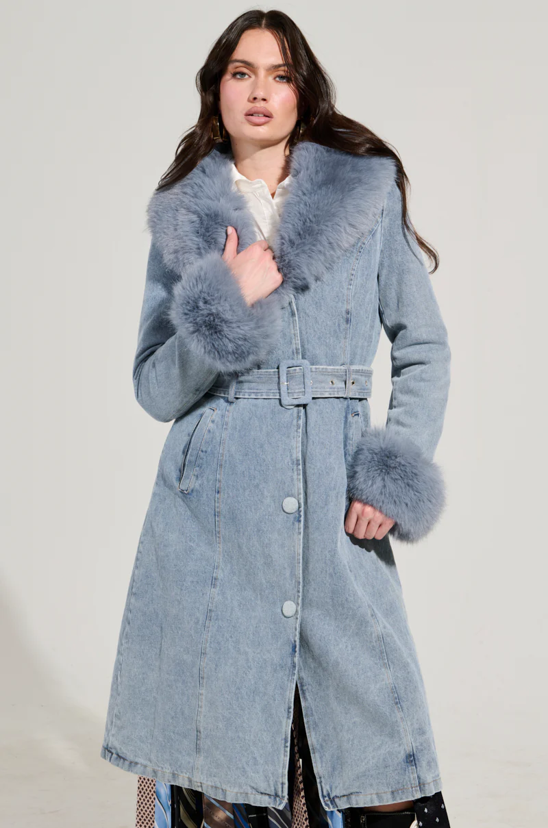 KAYA FUR TRIM TRENCH IN DENIM - Image 3