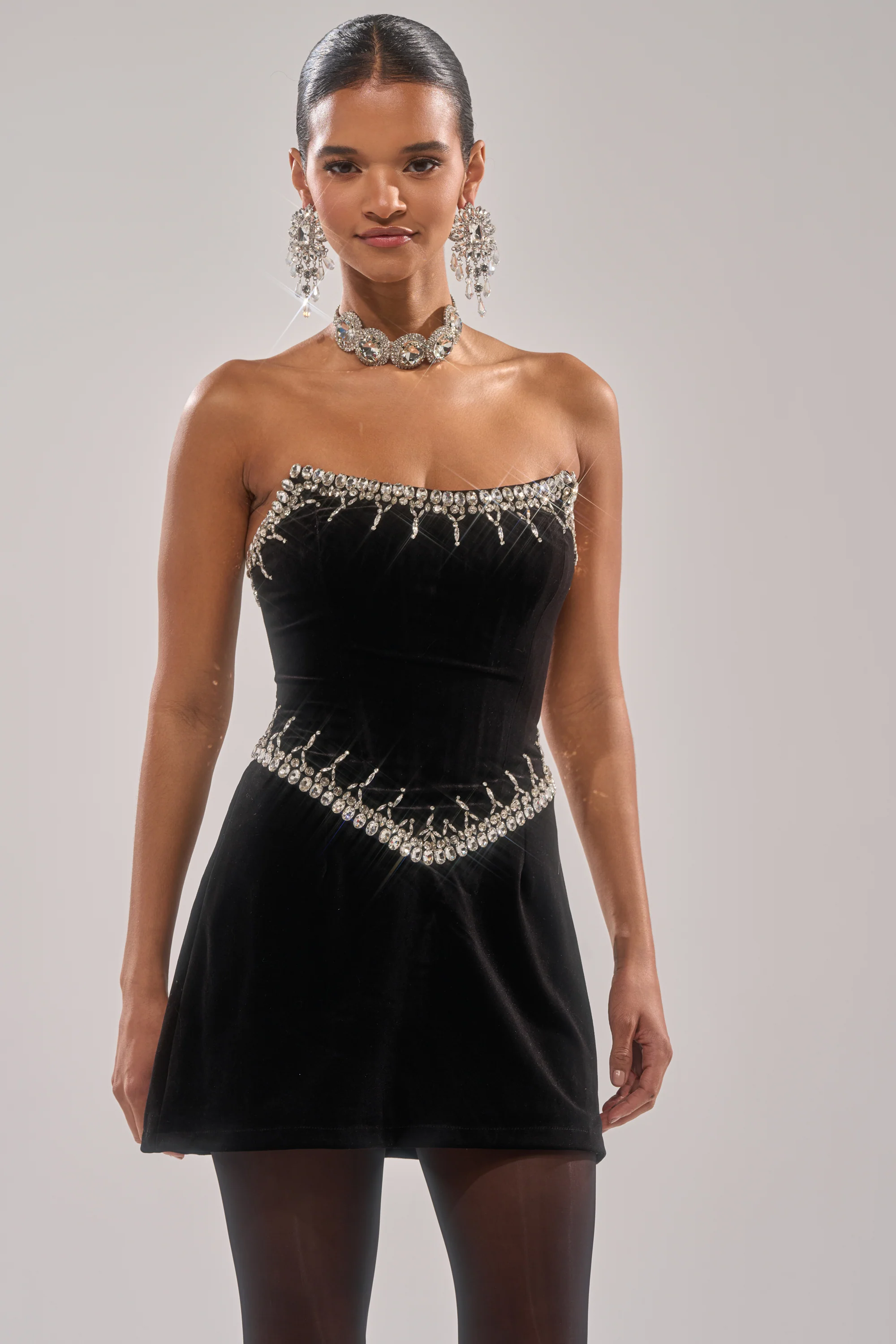 HIGH SOCIETY VELVET RHINESTONE MINI DRESS