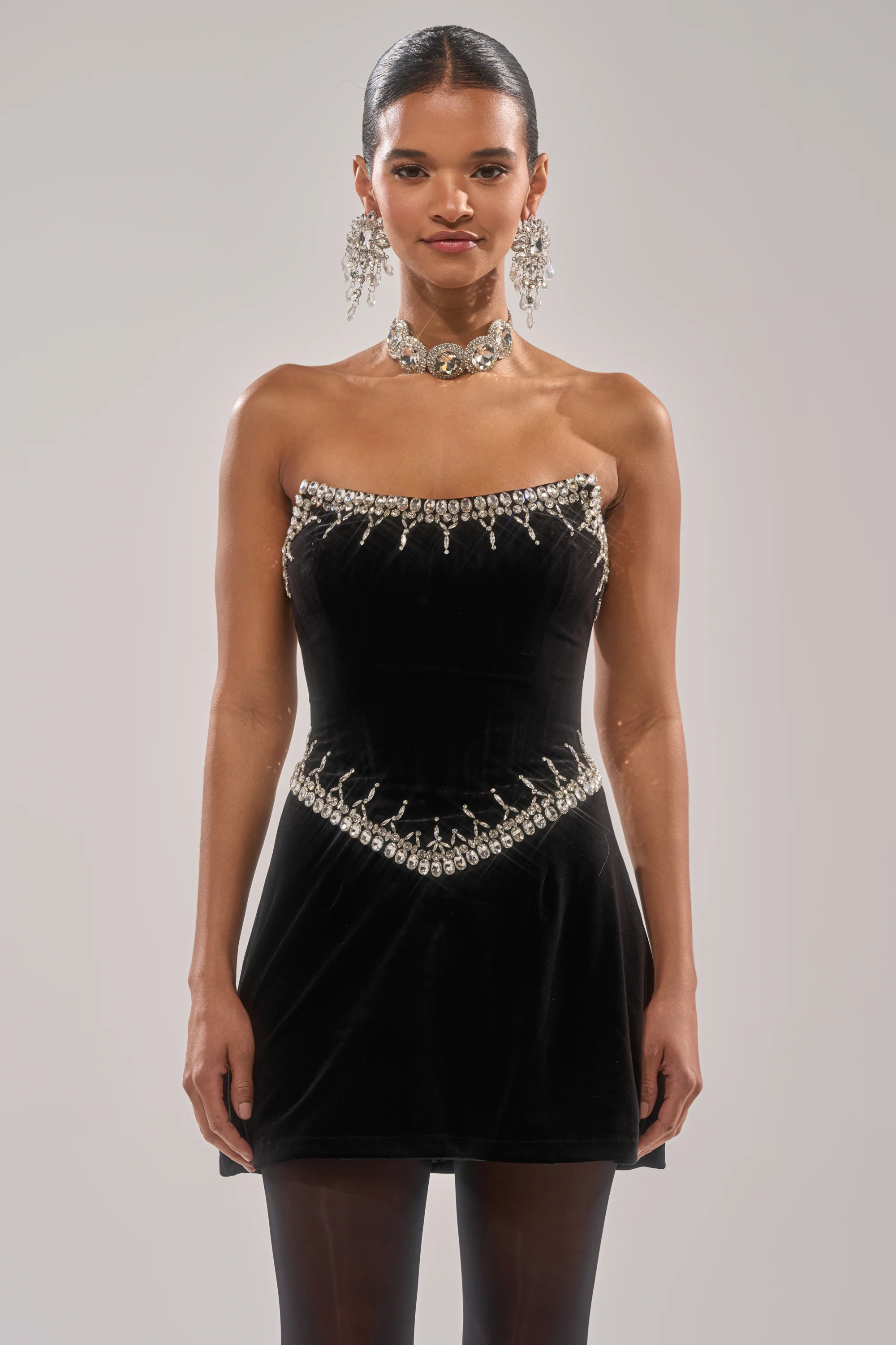 HIGH SOCIETY VELVET RHINESTONE MINI DRESS - Image 2