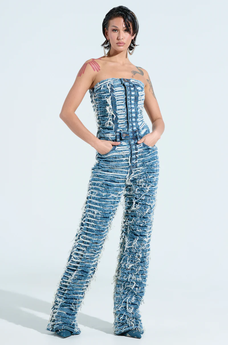 I DONT CHASE I ATTRACT DISTRESSED DARK BLUE DENIM JUMPSUIT - Image 2