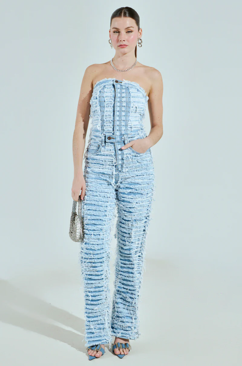 I DONT CHASE I ATTRACT DISTRESSED LIGHT BLUE DENIM JUMPSUIT