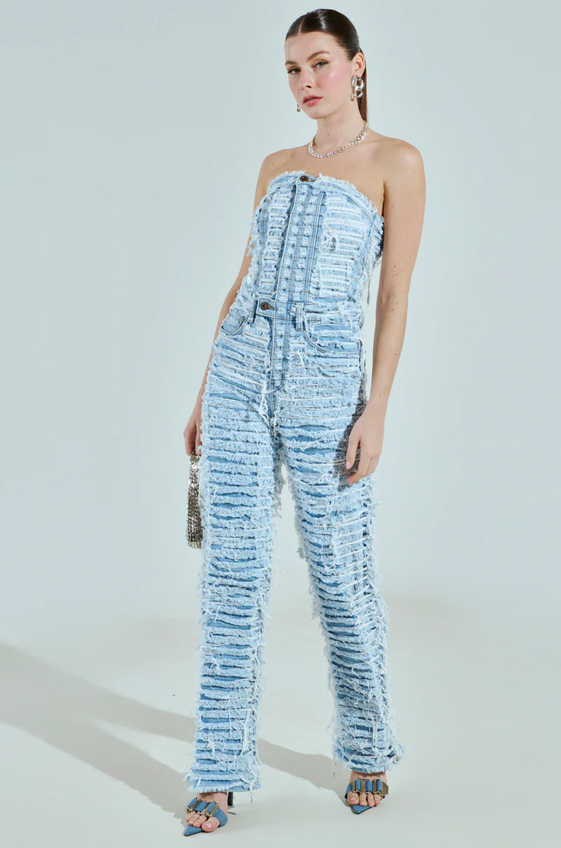 I DONT CHASE I ATTRACT DISTRESSED LIGHT BLUE DENIM JUMPSUIT - Image 2