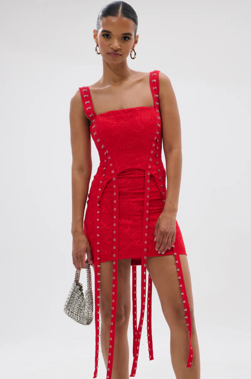 I KNOW YOU MISS ME CORSETED LACE MINI DRESS IN RED - Image 2
