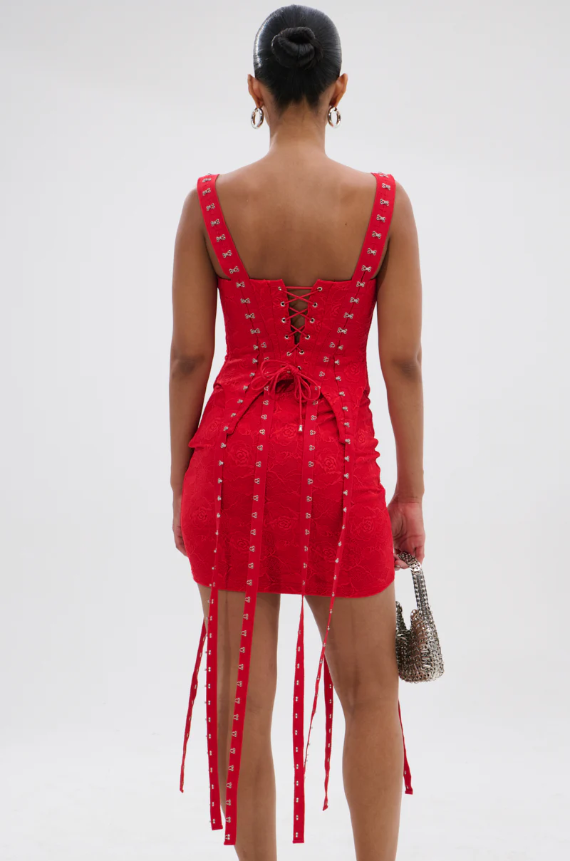 I KNOW YOU MISS ME CORSETED LACE MINI DRESS IN RED - Image 4