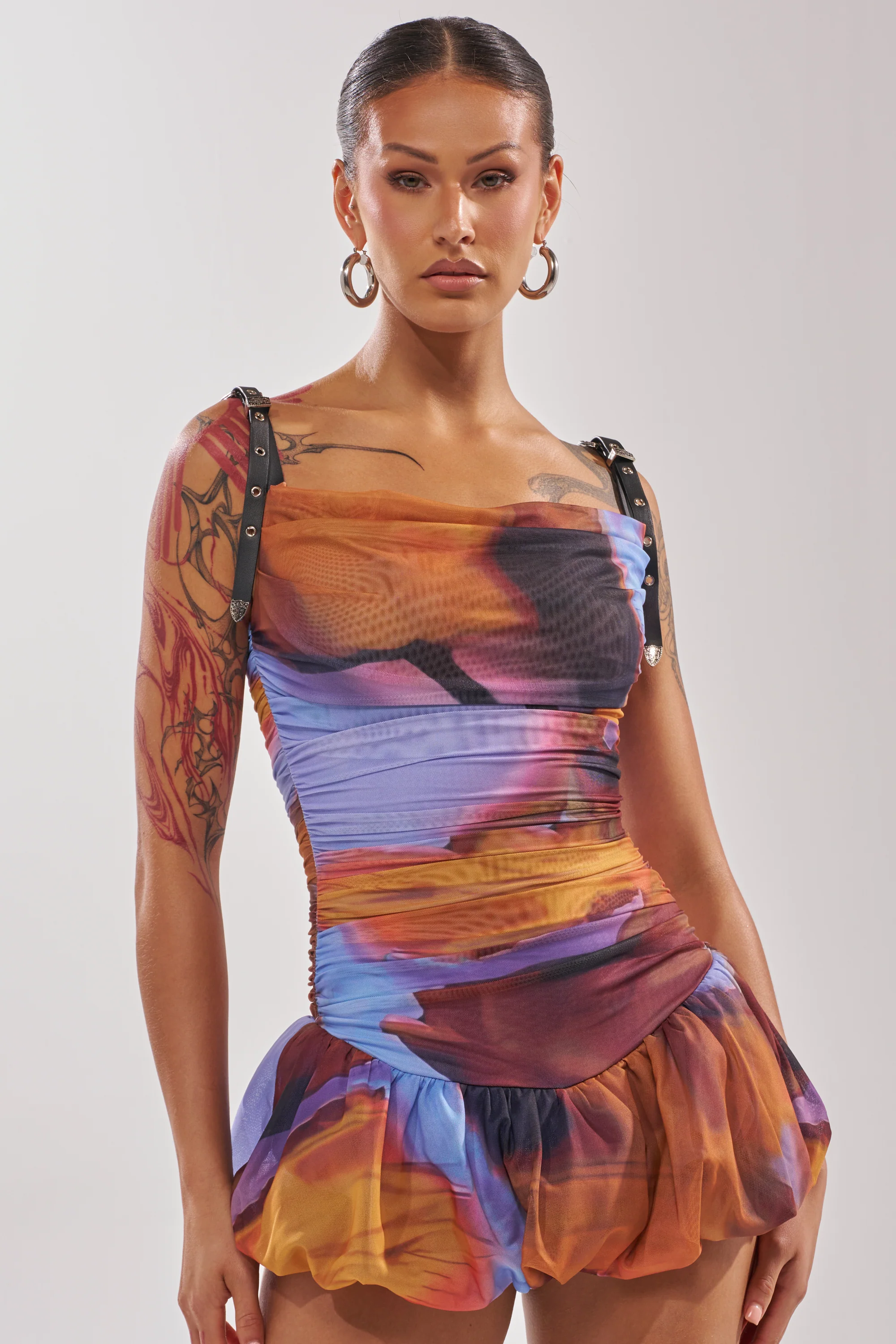 IN A MOOD PRINTED MINI DRESS IN PURPLE