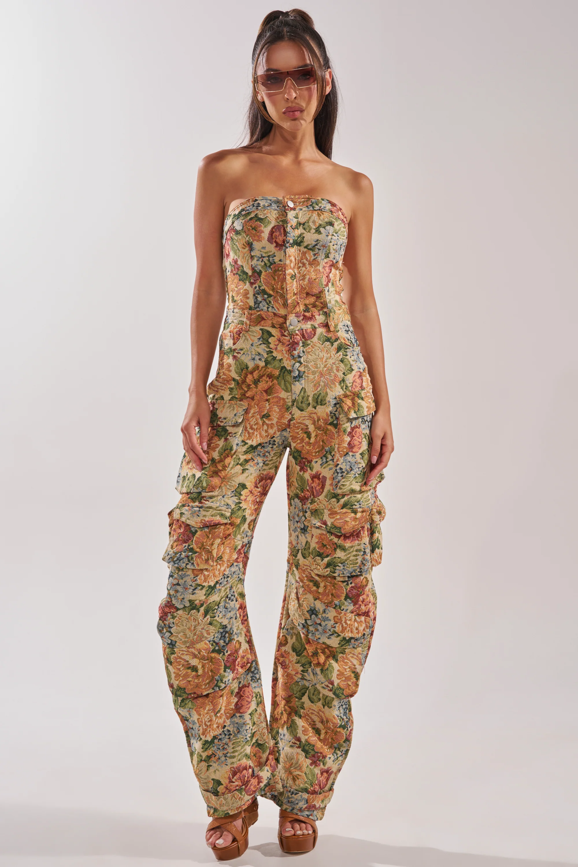 IN HER ELEMENT FLORAL WOVEN JUMPSUIT IN BROWN MULTI - Image 2