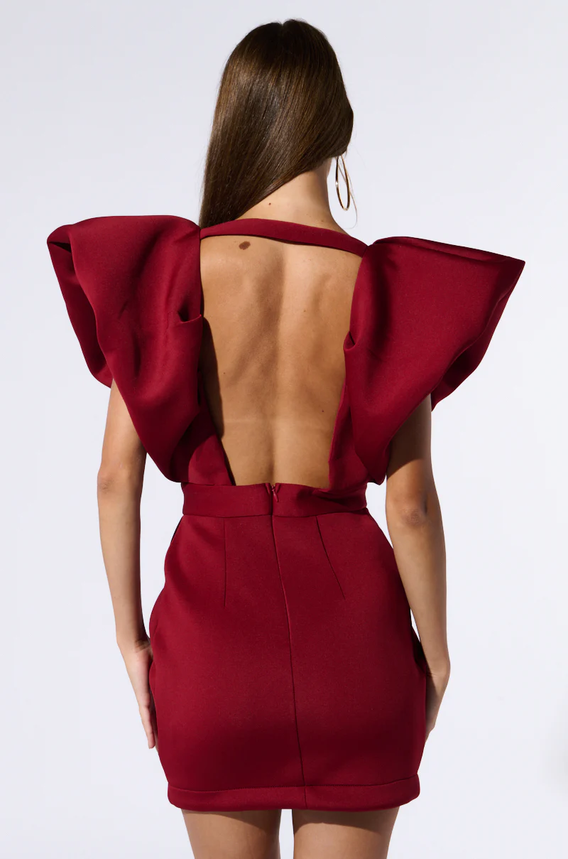 IRREPLACEABLE RUFFLE SLEEVE TULIP HEM MINI DRESS IN BURGUNDY - Image 4