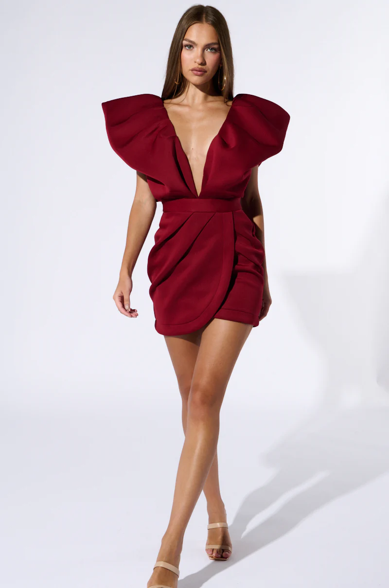 IRREPLACEABLE RUFFLE SLEEVE TULIP HEM MINI DRESS IN BURGUNDY - Image 6
