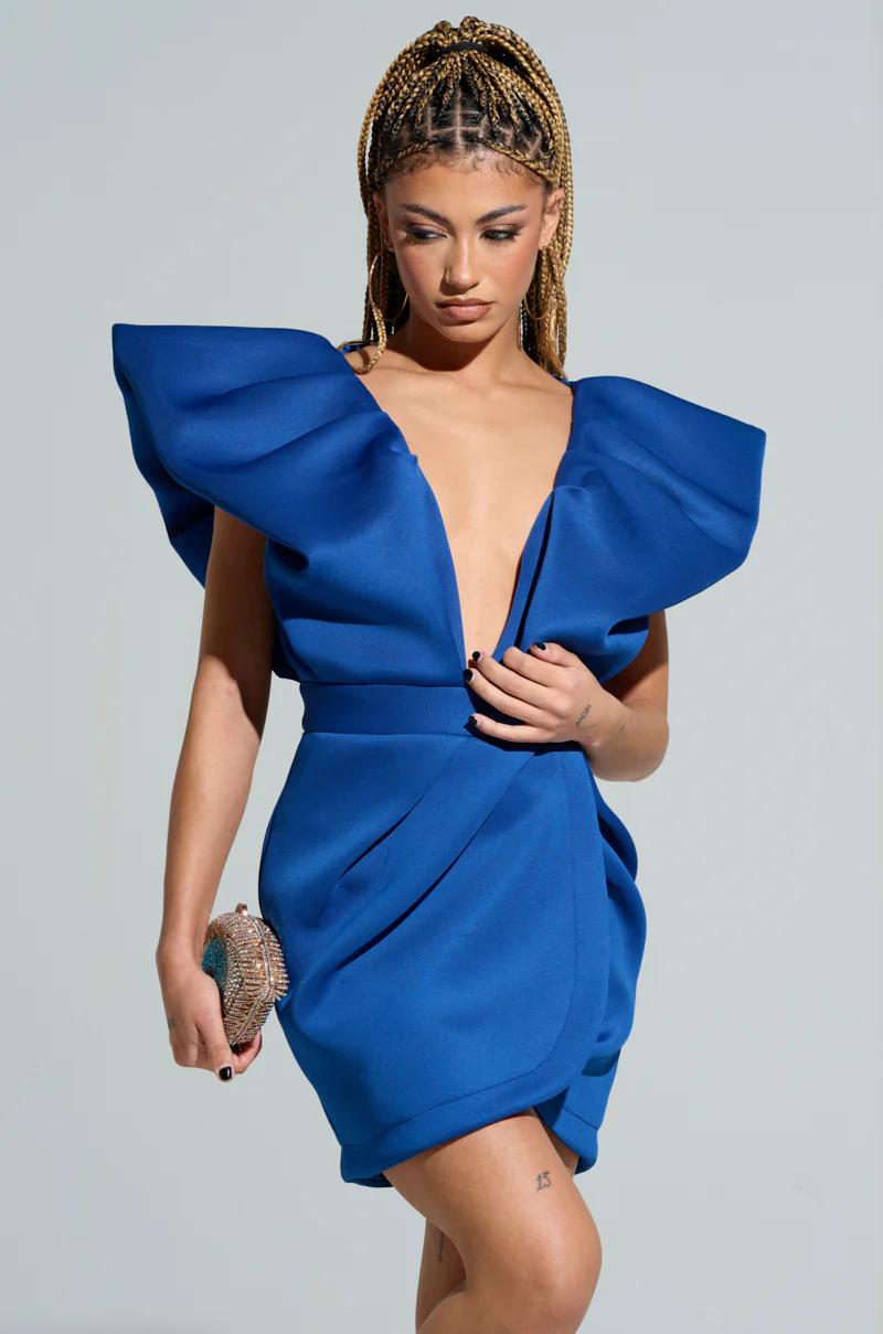 IRREPLACEABLE RUFFLE SLEEVE TULIP HEM MINI DRESS IN BLUE - Image 3