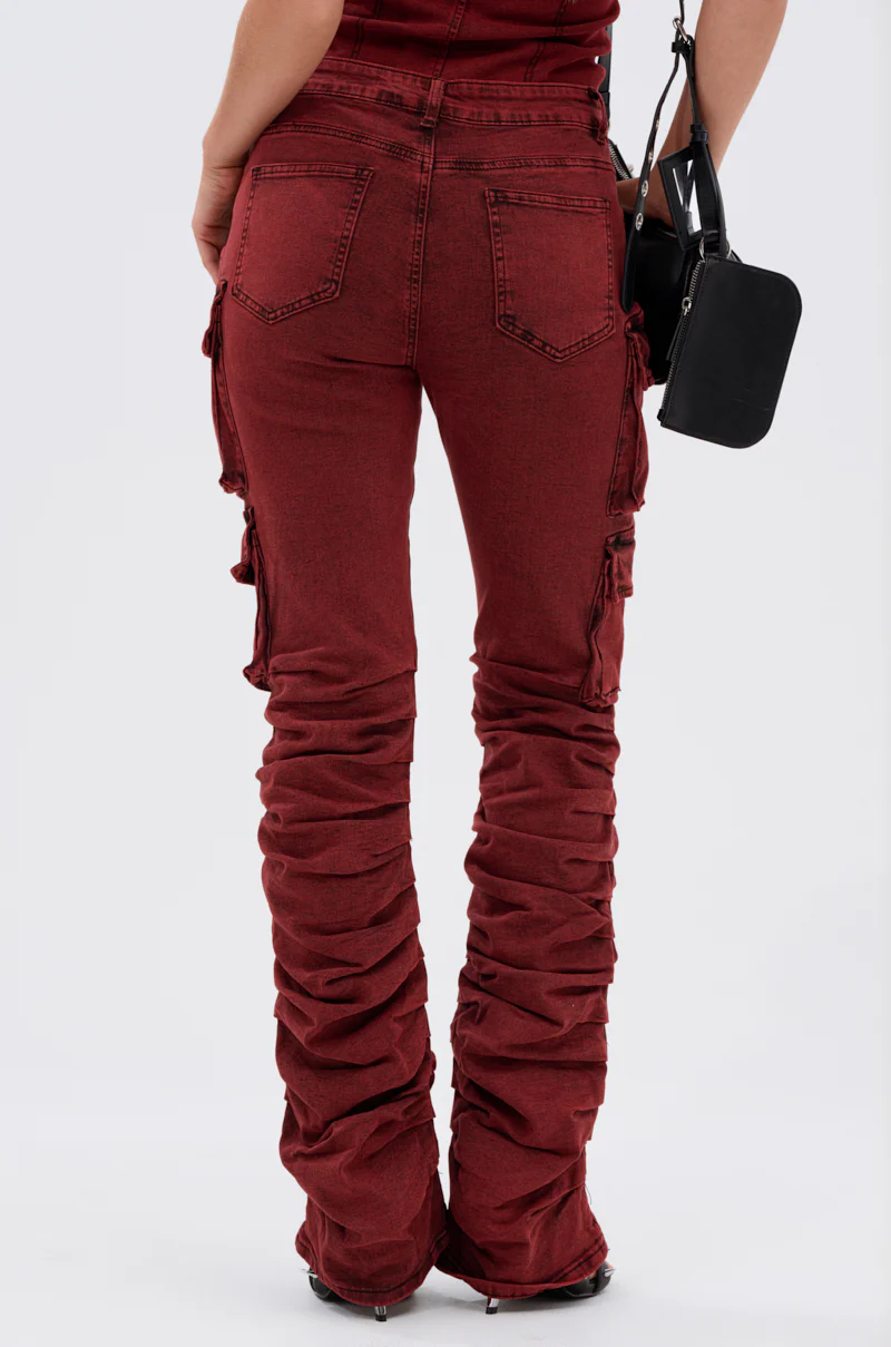 IT GETS EASIER STACKED CARGO PANT IN BURGUNDY - Image 4