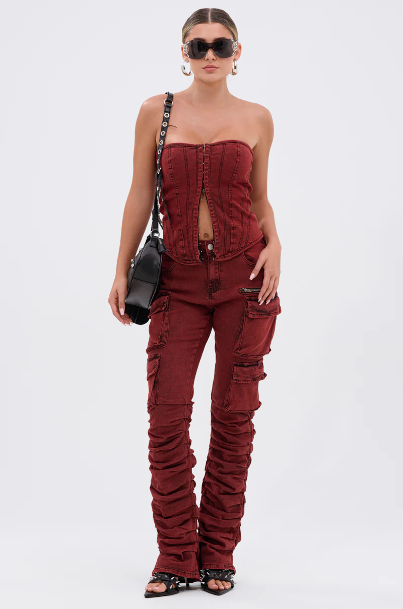 IT GETS EASIER STACKED CARGO PANT IN BURGUNDY - Image 5