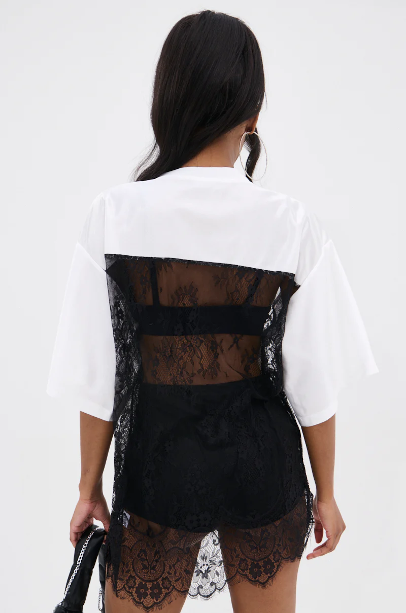IT GIRL LACE JERSEY DRESS IN WHITE AND BLACK - Image 5
