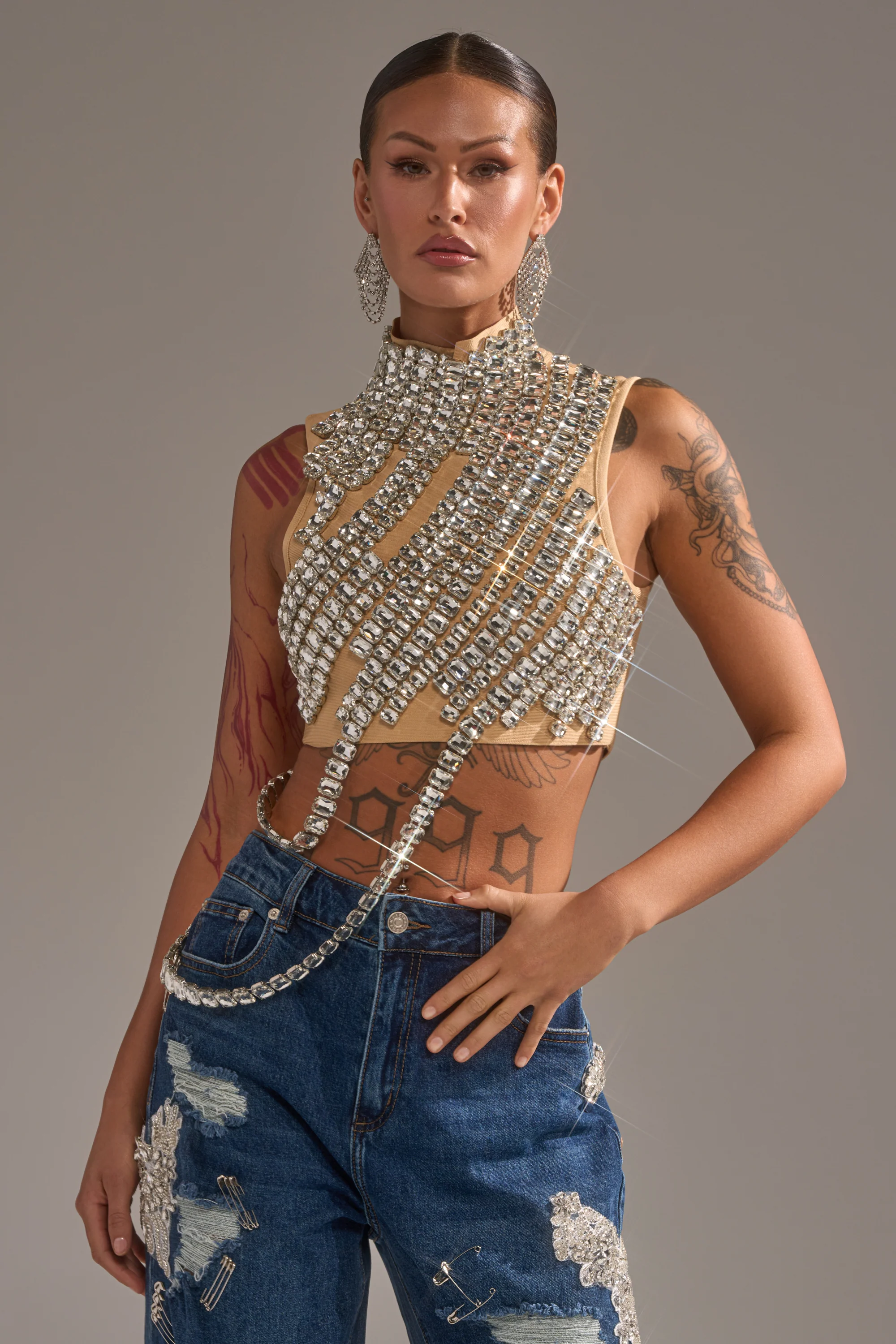 ITS YOUR TIME RHINESTONE MOCK NECK BLOUSE