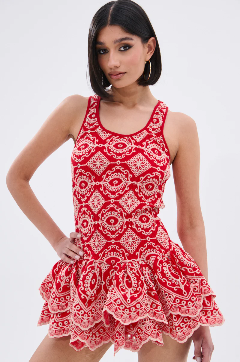 JANINE PRINTED RUFFLE MINI DRESS IN RED - Image 2