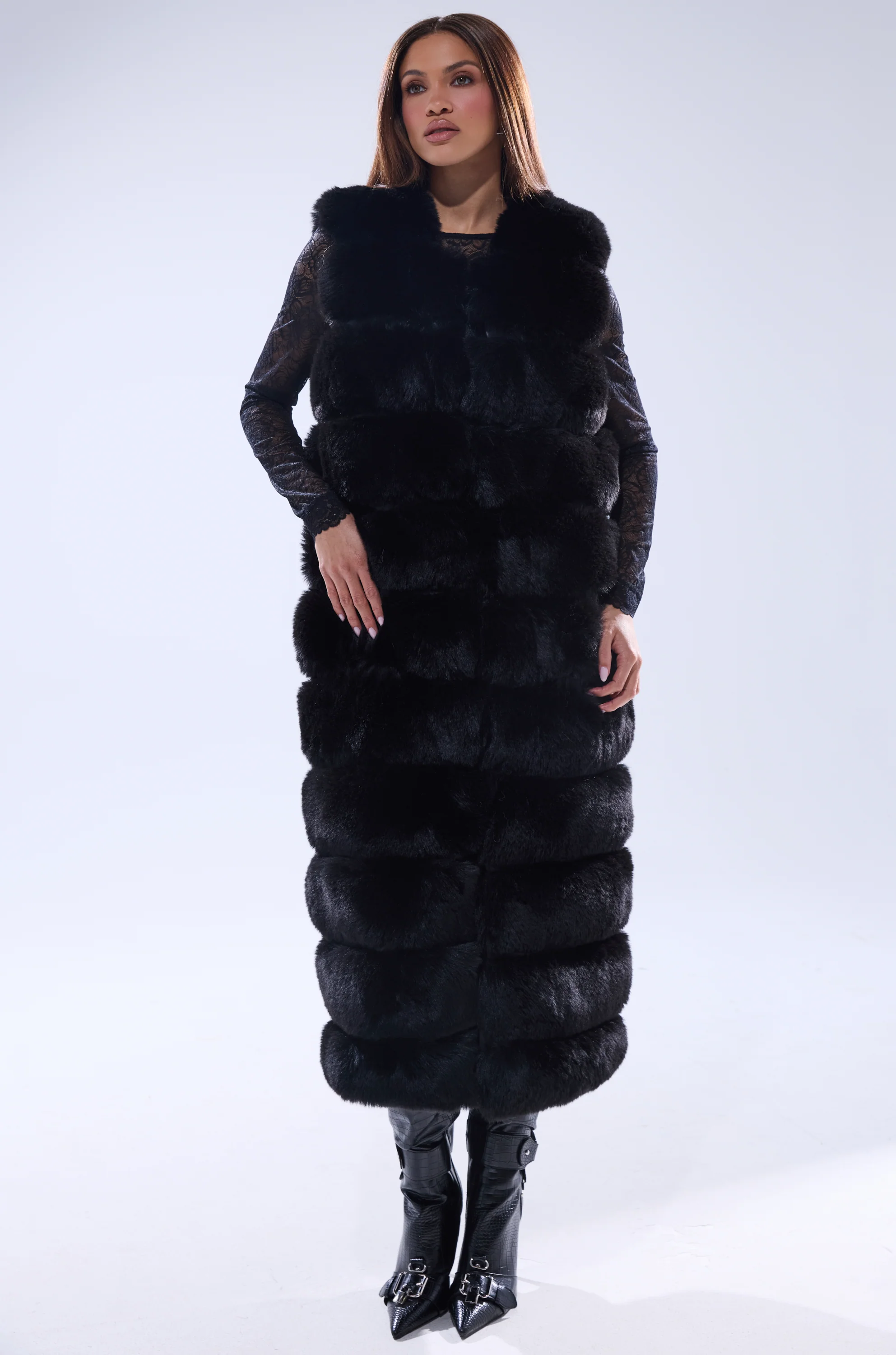 JENNY LIN FAUX FUR MAXI VEST IN BLACK - Image 3