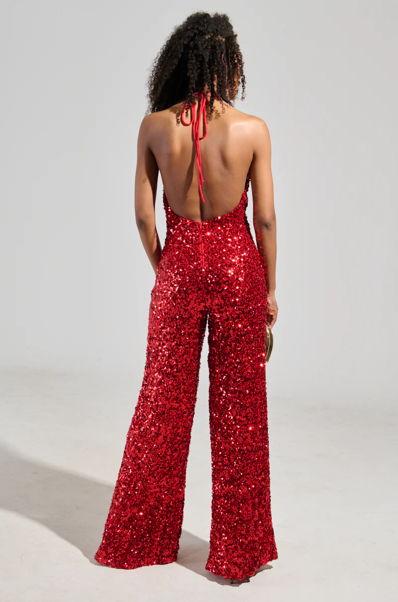 JODIE SCOOP NECK SEQUIN JUMPSUIT IN RED - Image 3