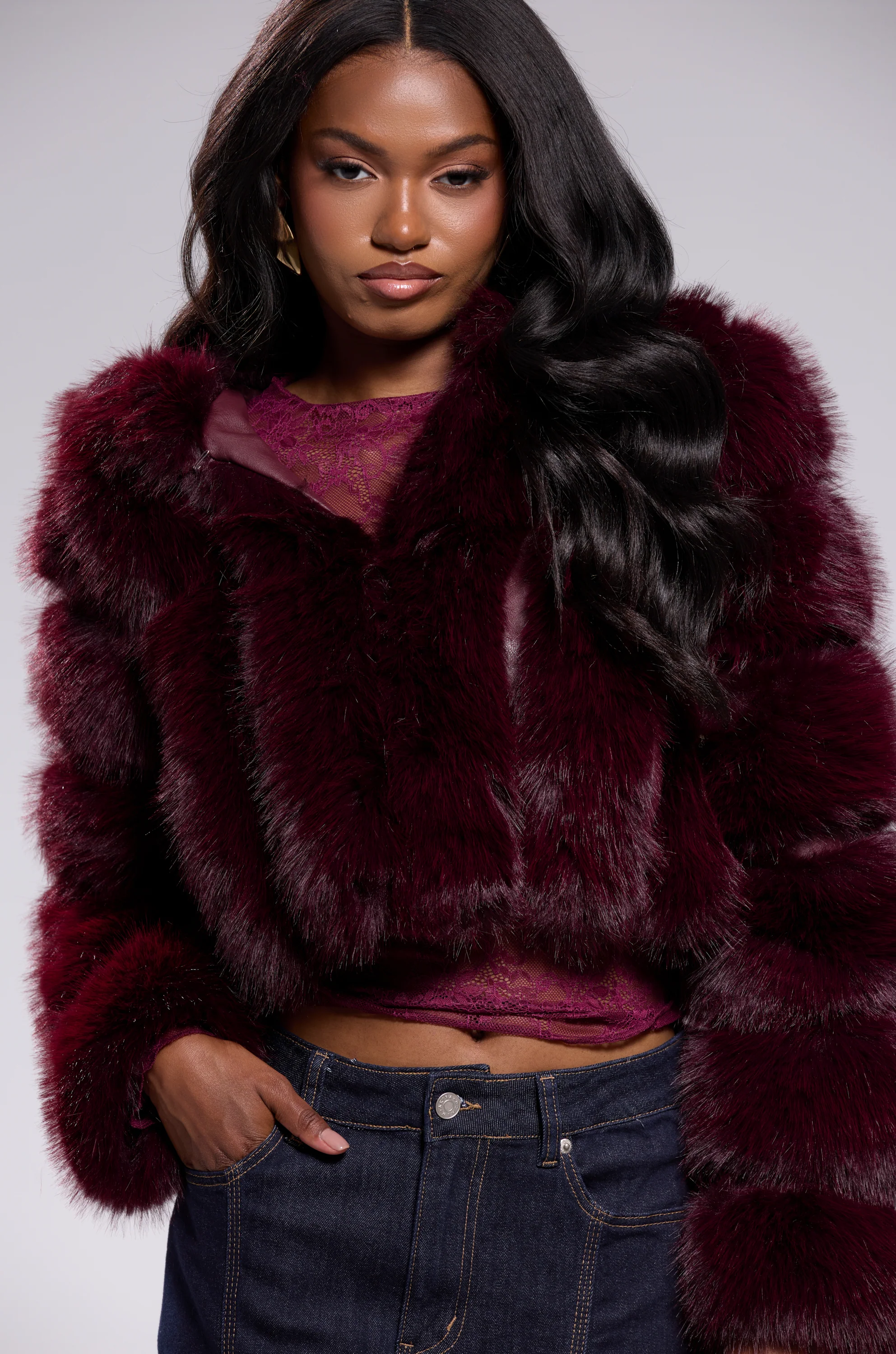 JOLENE FAUX FUR COAT IN BURGUNDY - Image 3