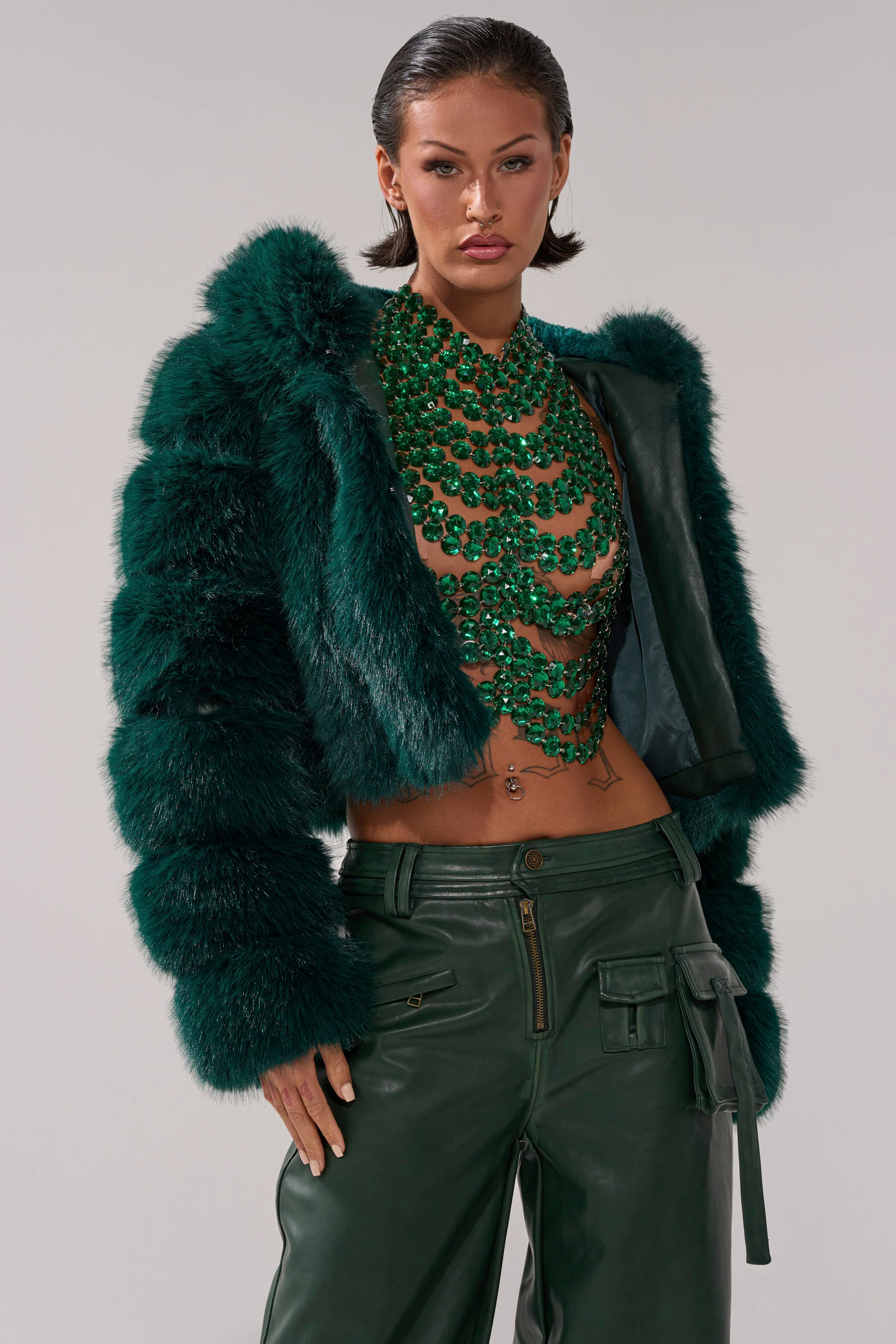 JOLENE FAUX FUR COAT IN EMERALD GREEN - Image 3