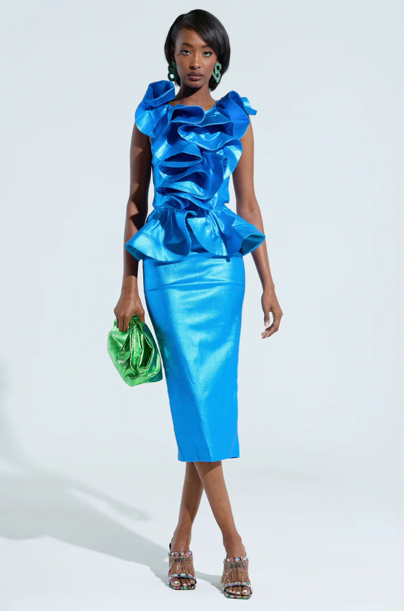 JULIANA METALLIC PEPLUM MIDI DRESS IN BLUE - Image 2
