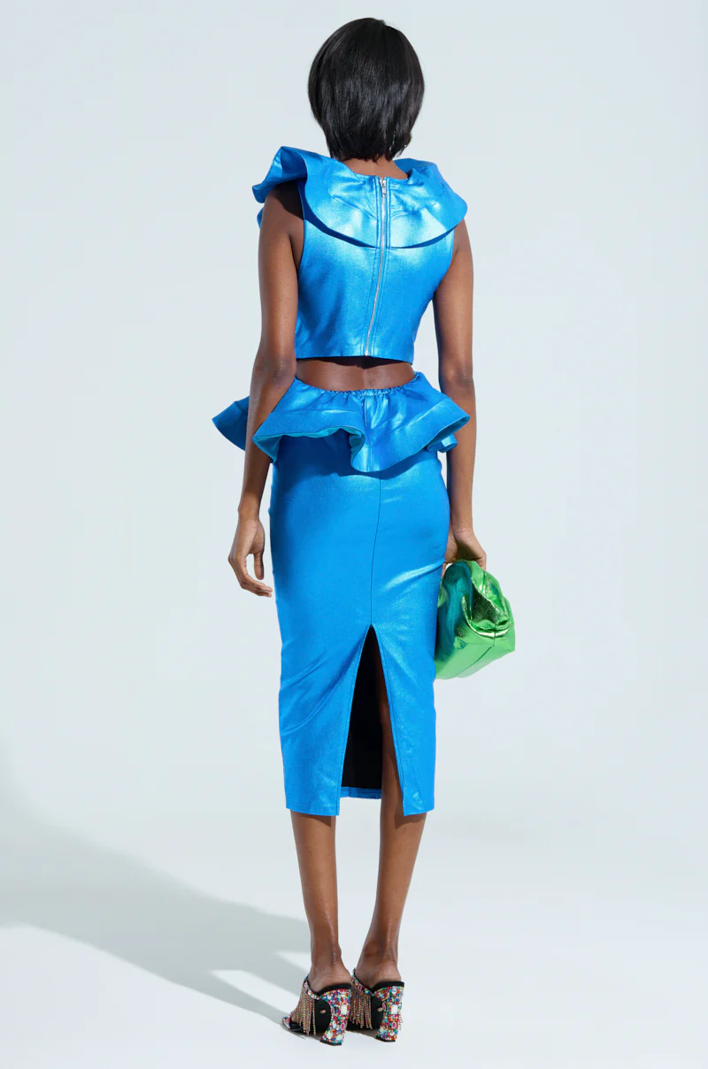 JULIANA METALLIC PEPLUM MIDI DRESS IN BLUE - Image 5