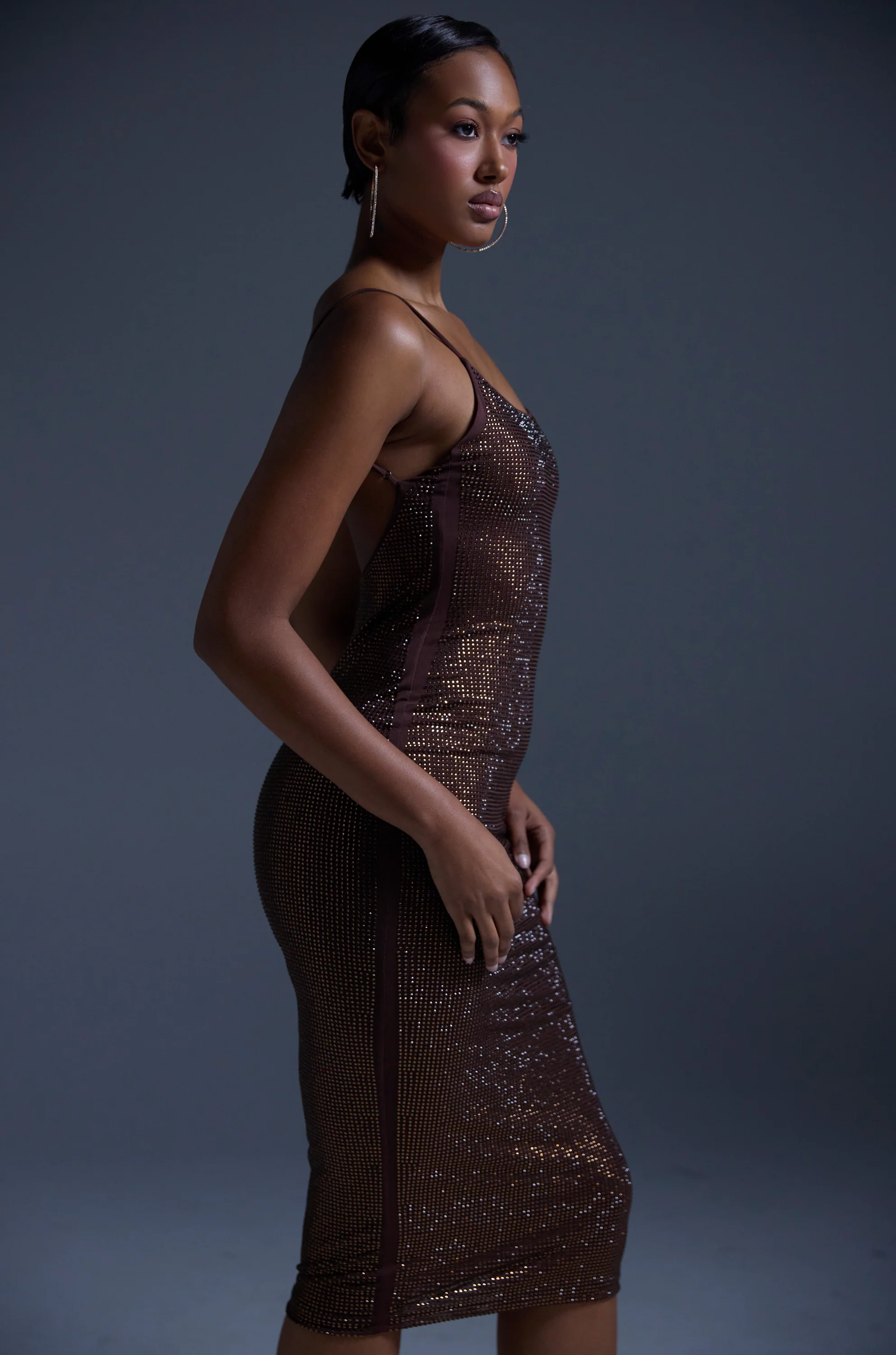 JUST FOR FUN RHINESTONE MIDI DRESS IN BROWN - Image 2