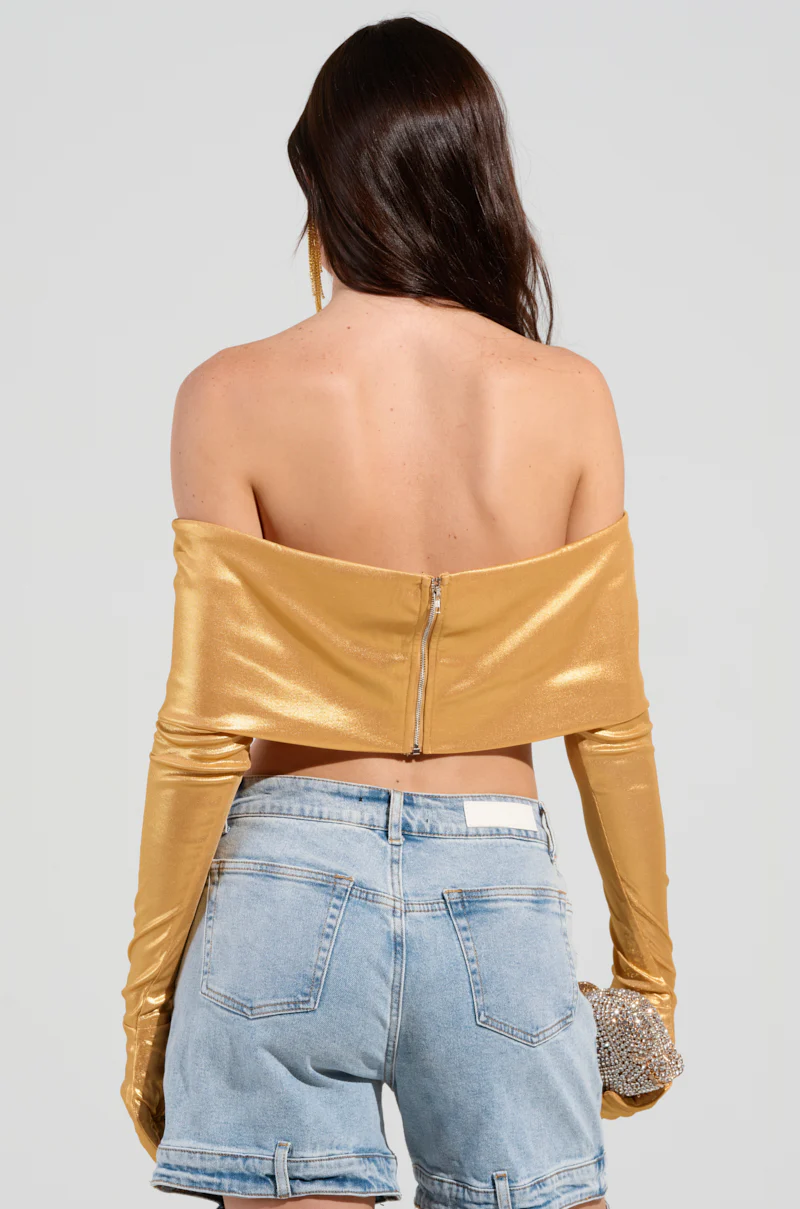 JUST LIKE MAGIC SLINKY OFF THE SHOULDER GLOVED TOP IN GOLD - Image 4