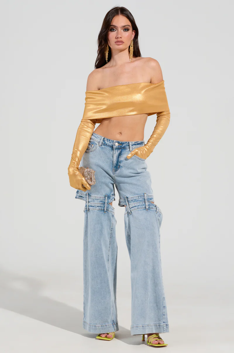 JUST LIKE MAGIC SLINKY OFF THE SHOULDER GLOVED TOP IN GOLD - Image 5