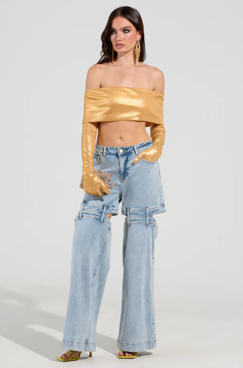 JUST LIKE MAGIC SLINKY OFF THE SHOULDER GLOVED TOP IN GOLD - Image 6