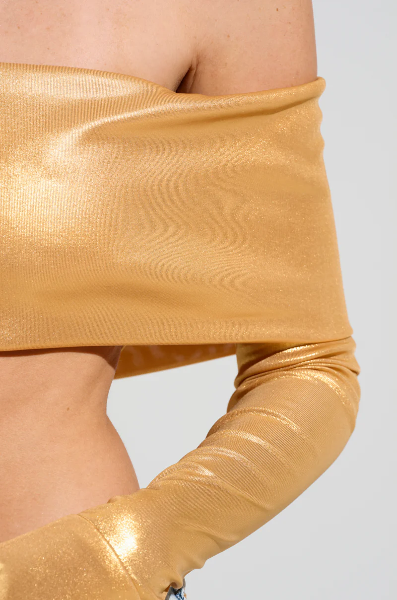 JUST LIKE MAGIC SLINKY OFF THE SHOULDER GLOVED TOP IN GOLD - Image 7