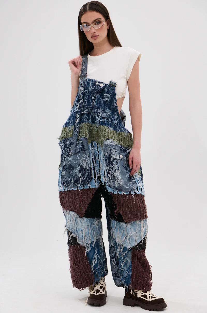 JUST LIKE THAT BAGGY FIT OVERALLS IN PATCHWORK DENIM - Image 3