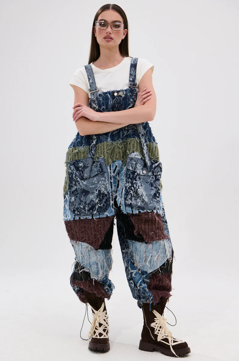 JUST LIKE THAT BAGGY FIT OVERALLS IN PATCHWORK DENIM - Image 5