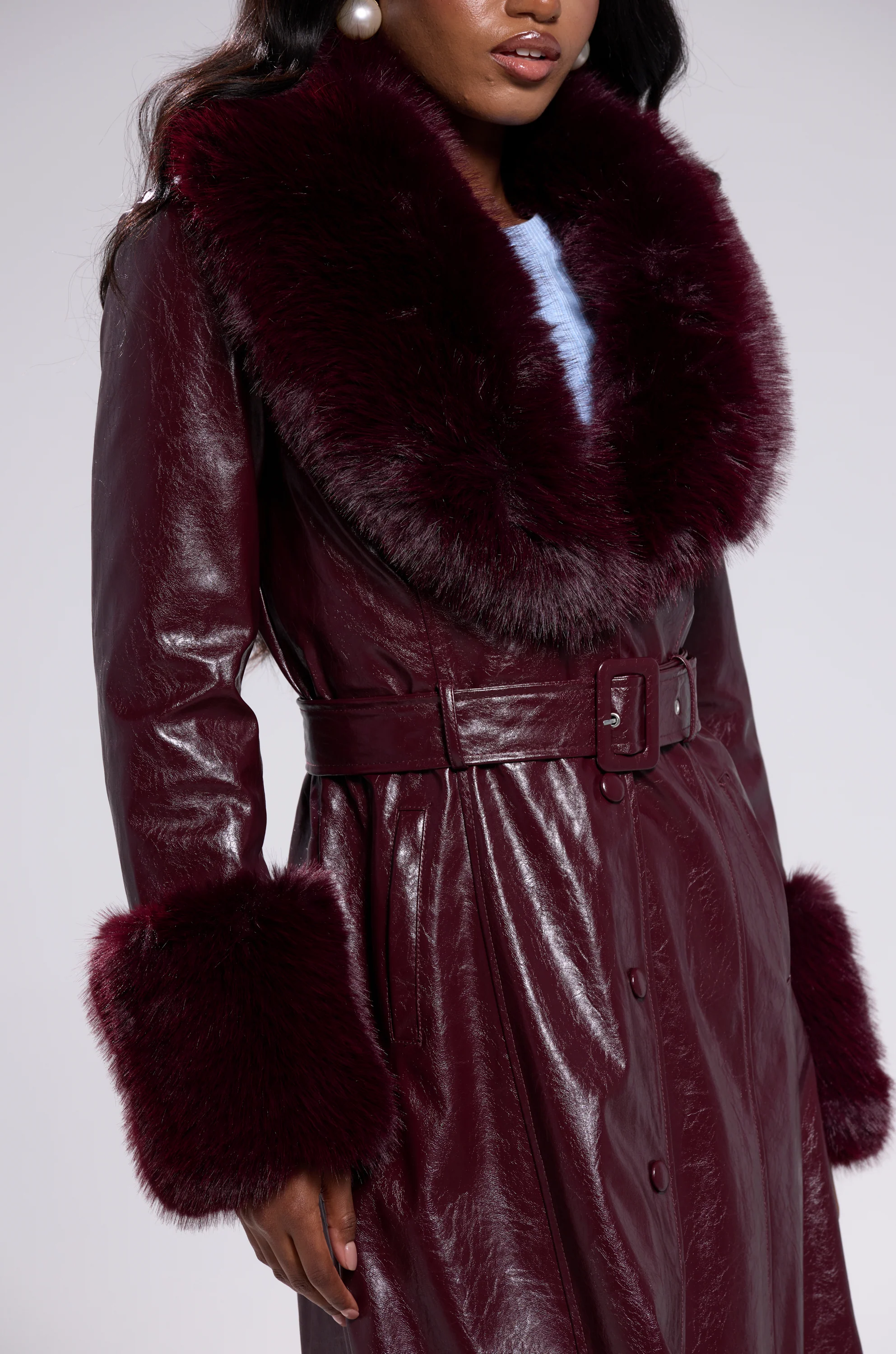 KAYA FUR TRIM TRENCH IN BURGUNDY - Image 10