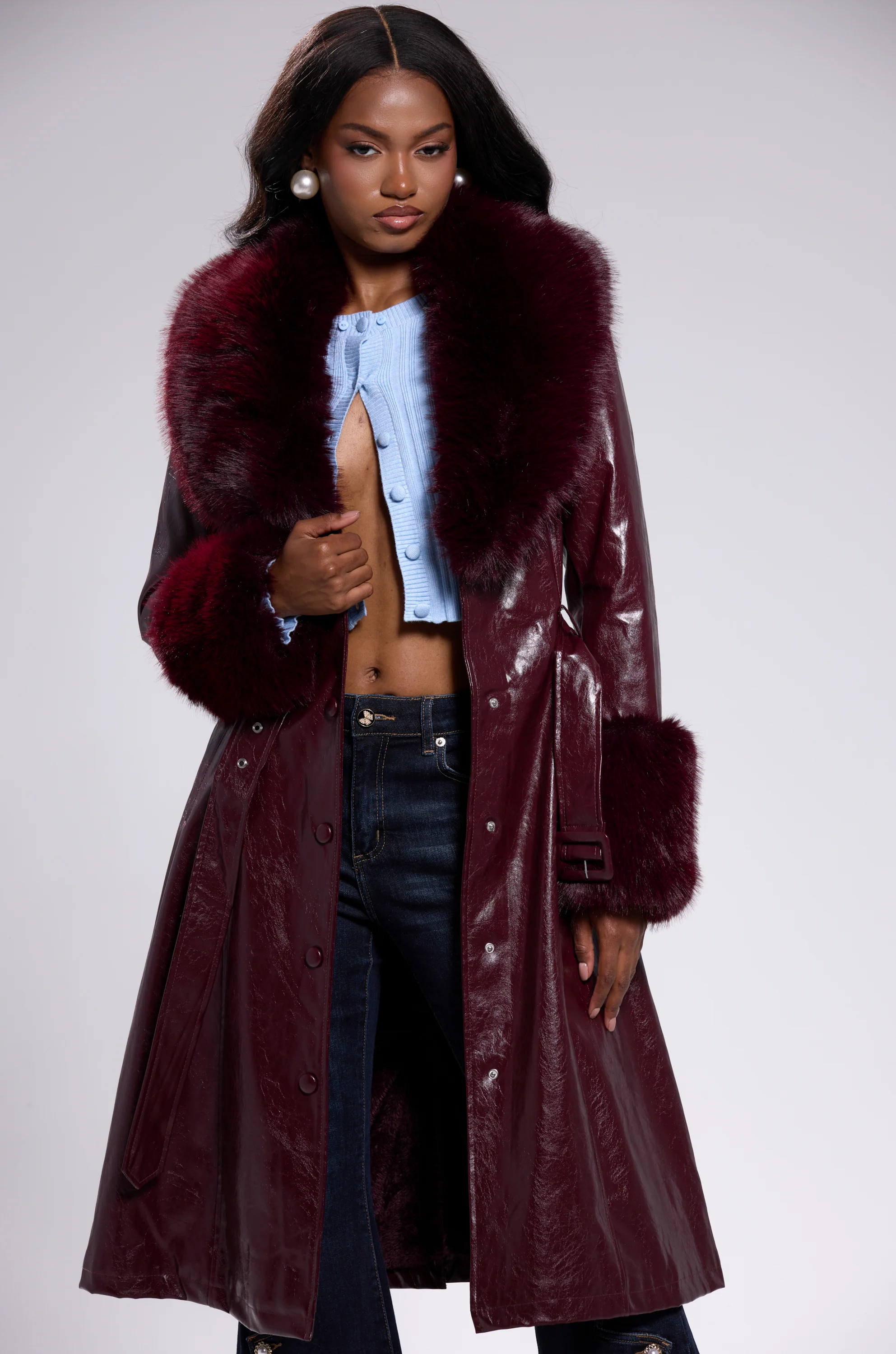KAYA FUR TRIM TRENCH IN BURGUNDY - Image 2