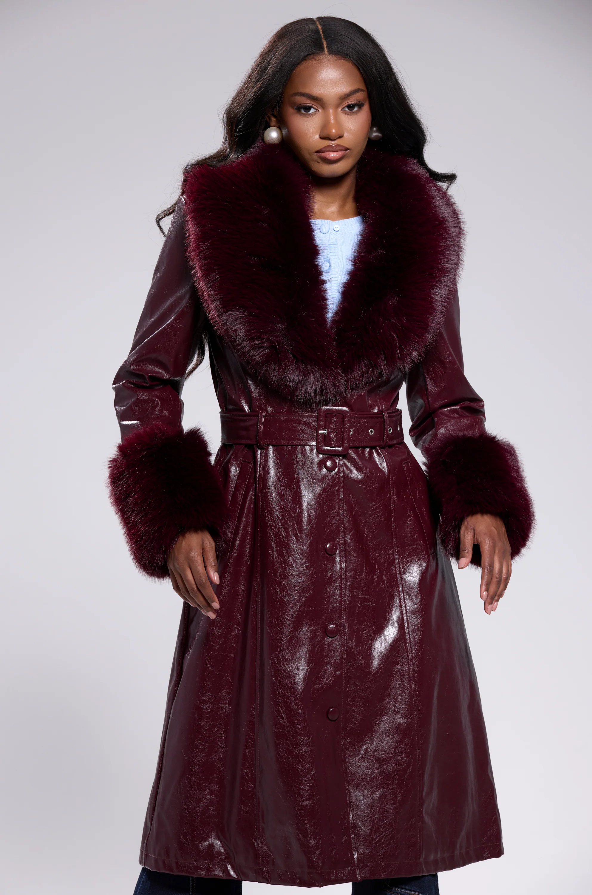 KAYA FUR TRIM TRENCH IN BURGUNDY - Image 3