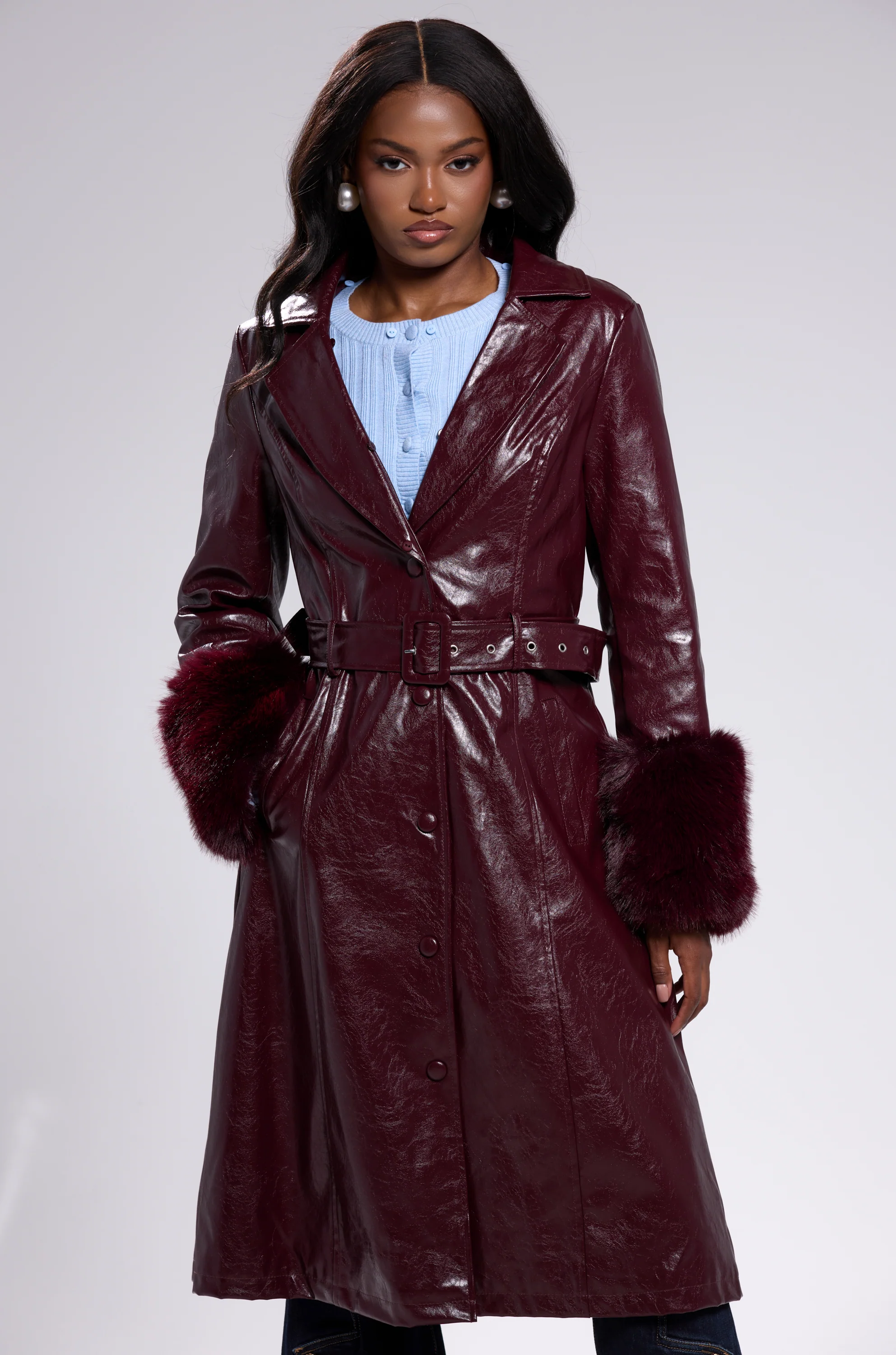 KAYA FUR TRIM TRENCH IN BURGUNDY - Image 4