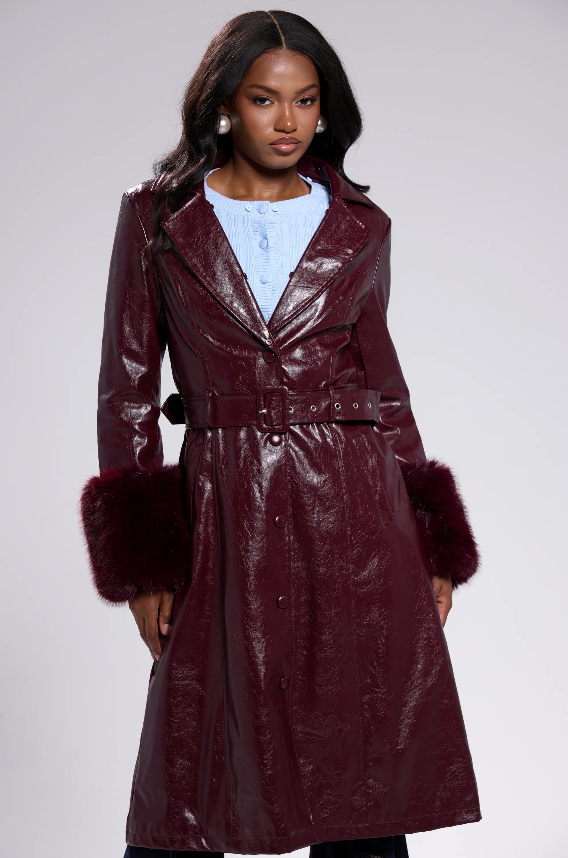 KAYA FUR TRIM TRENCH IN BURGUNDY - Image 5