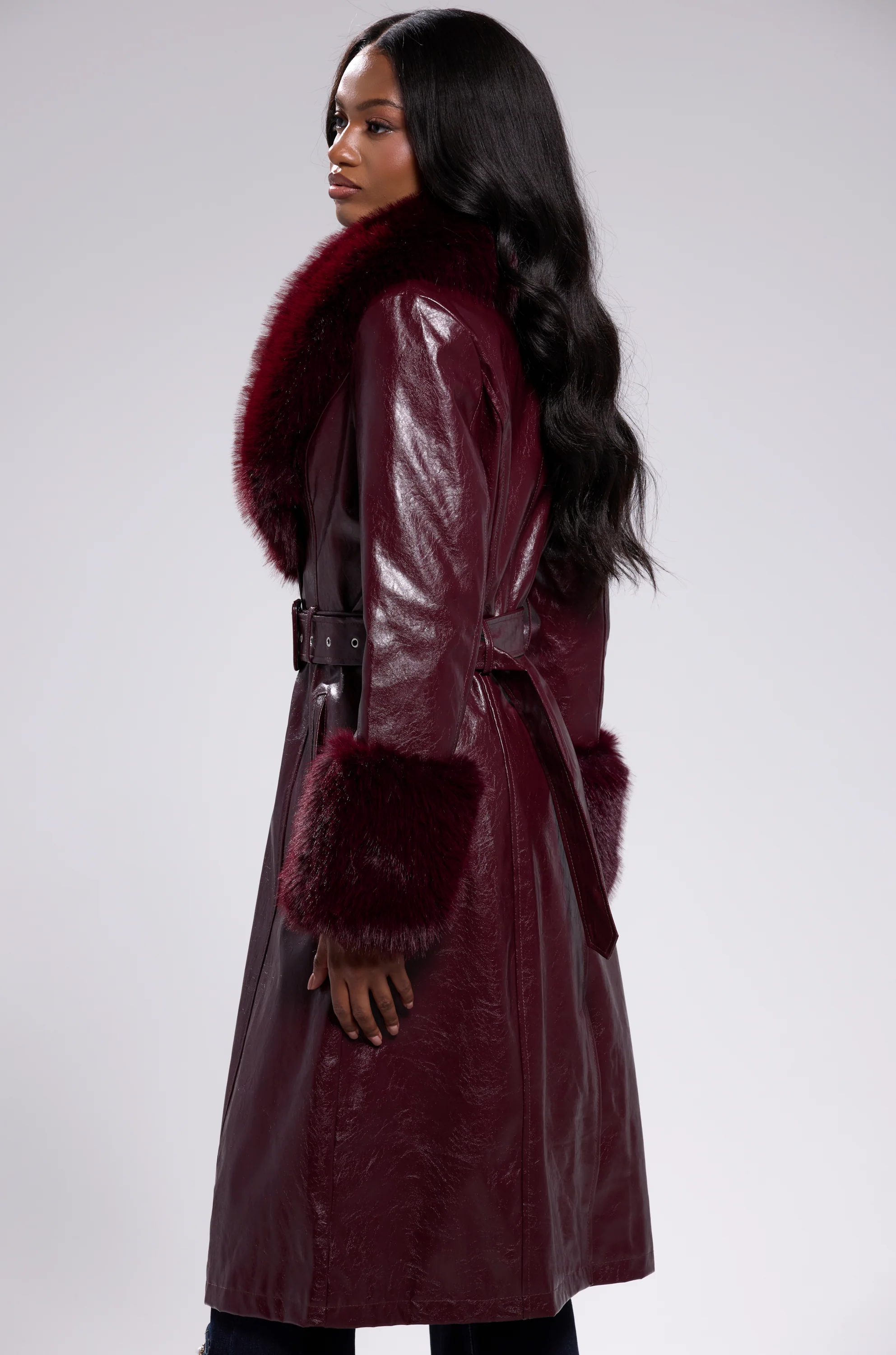 KAYA FUR TRIM TRENCH IN BURGUNDY - Image 8